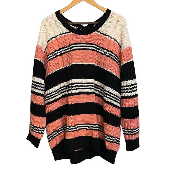 Torrid‎ Sweater Cable Knit Pullover Tie Back Striped Long Sleeve Crew Neck Sz 2 - Picture 1 of 7